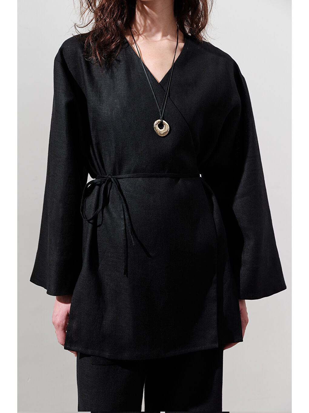 Keten Kruvaze Kapama Kimono Siyah-2