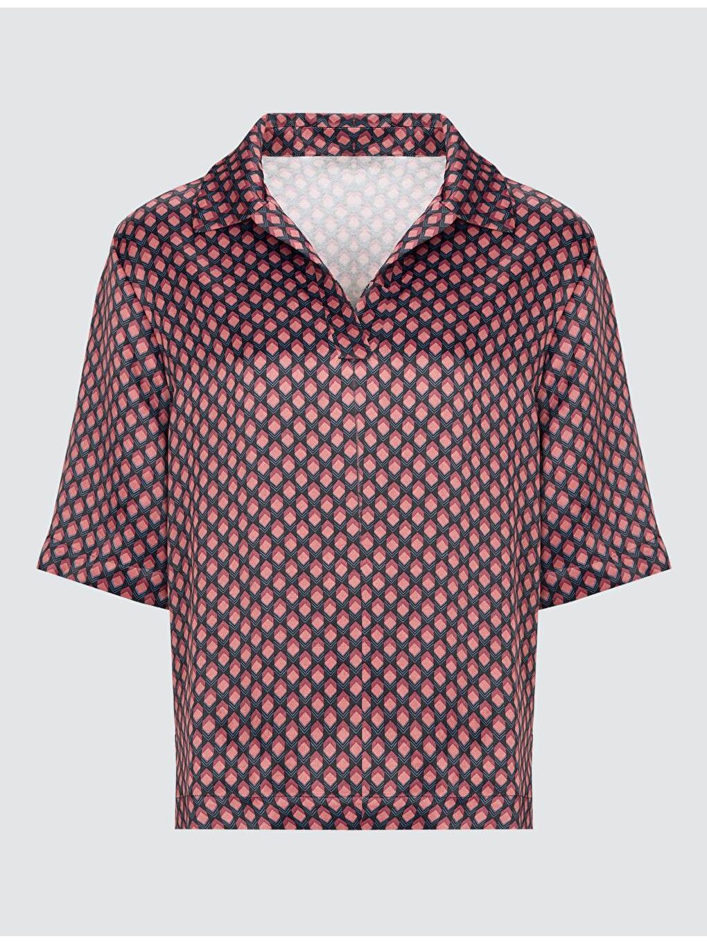 Bordo V Yaka Rahat Kesim Desenli Saten Bluz-6