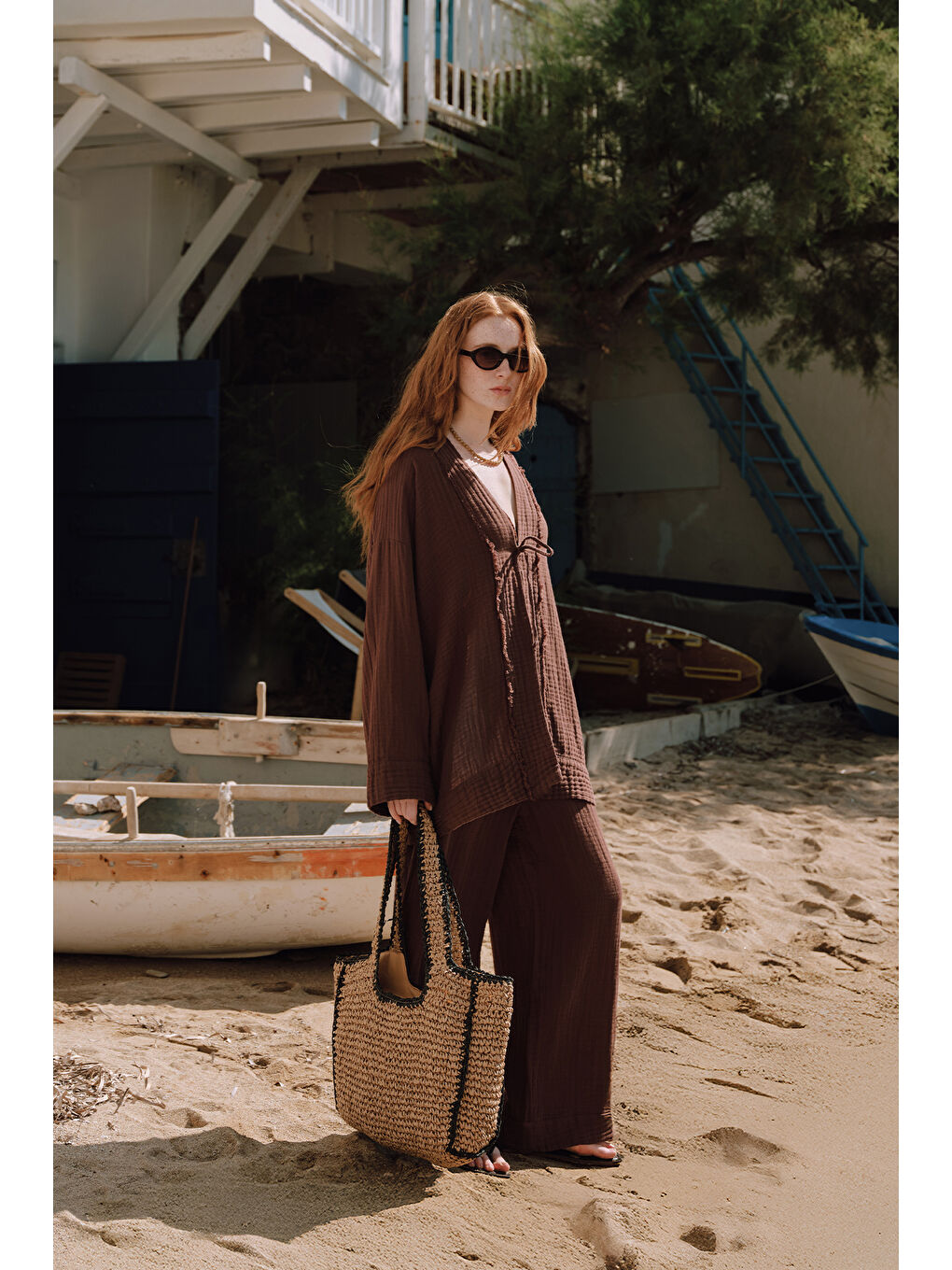 Kahverengi Müslin Geniş Kollu Kimono Acı Kahve