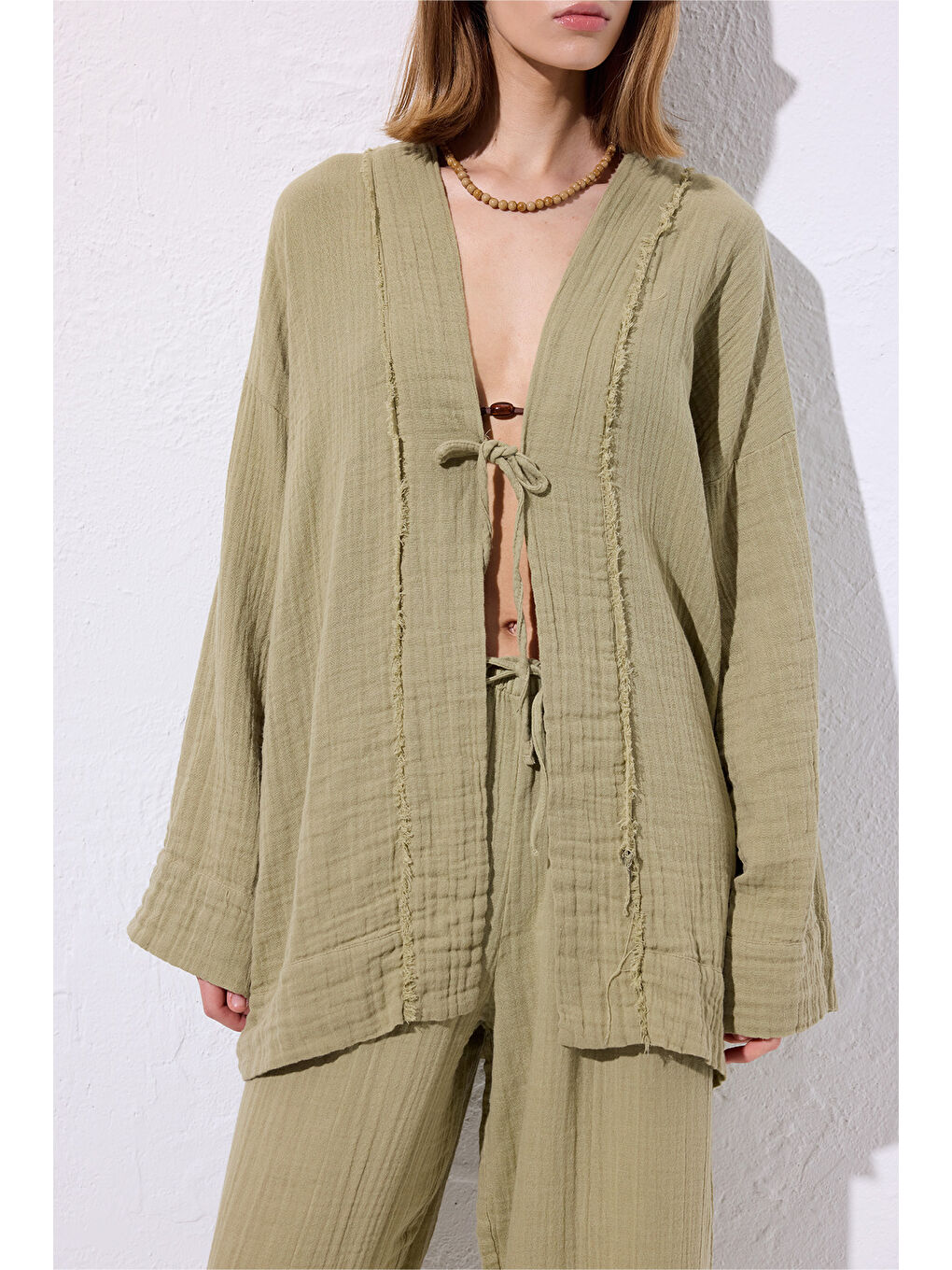 Yeşil Müslin Geniş Kollu Kimono Adaçayı-4