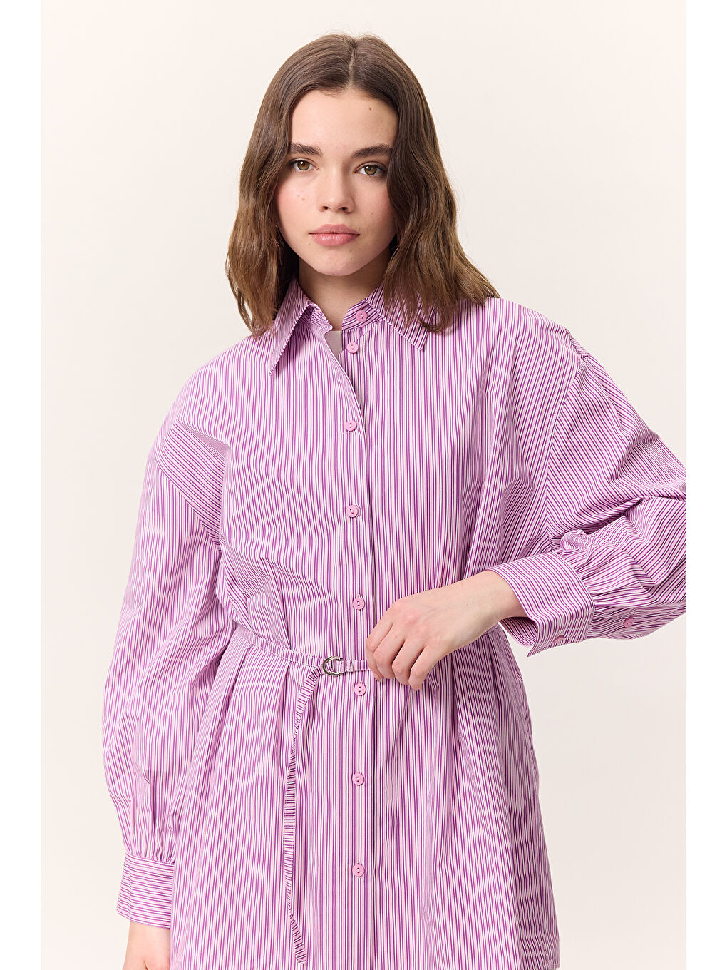 Çizgili Kemerli Gömlek Pembe-4