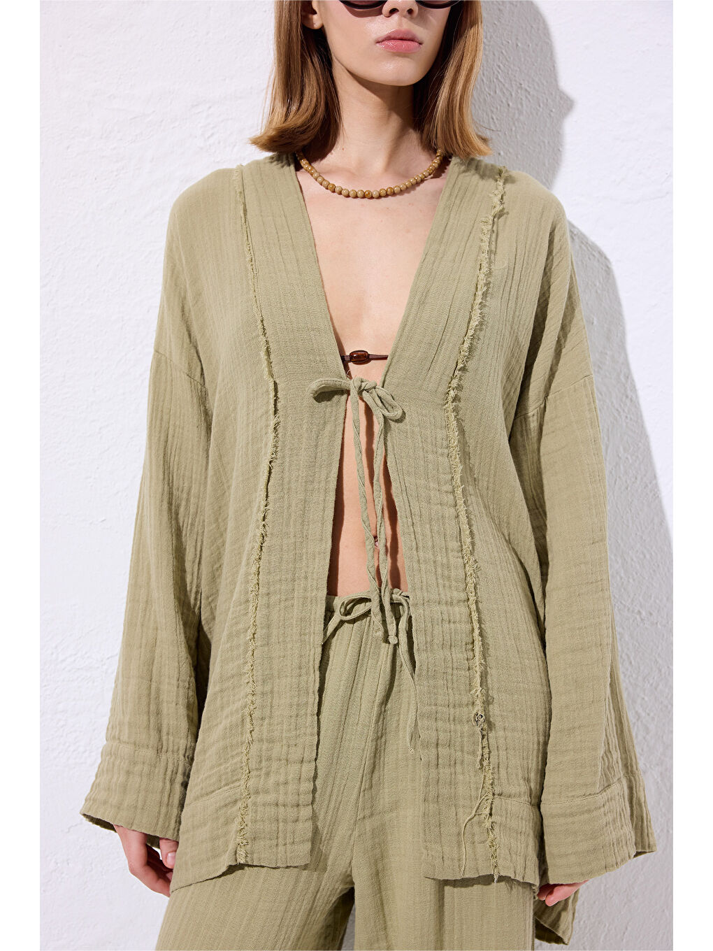 Yeşil Müslin Geniş Kollu Kimono Adaçayı-5