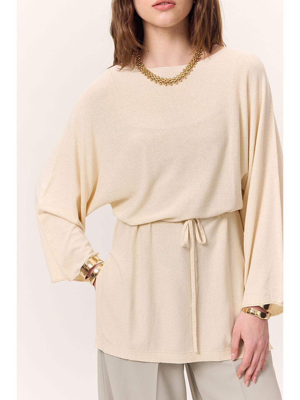 Ekru Triko Kuşaklı Tunik Vanilya-3