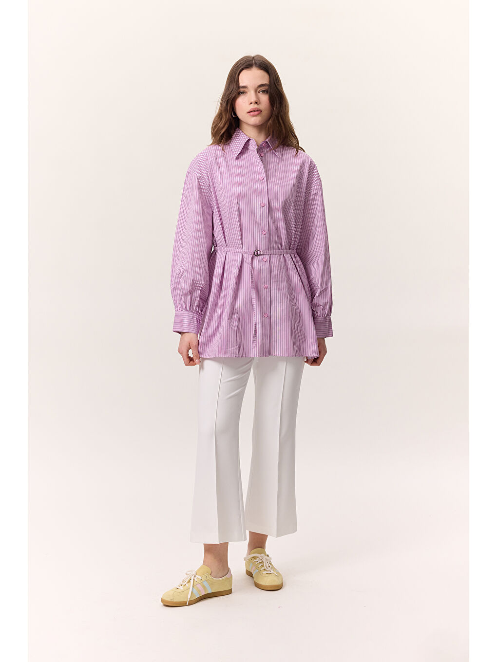 Çizgili Kemerli Gömlek Pembe-5
