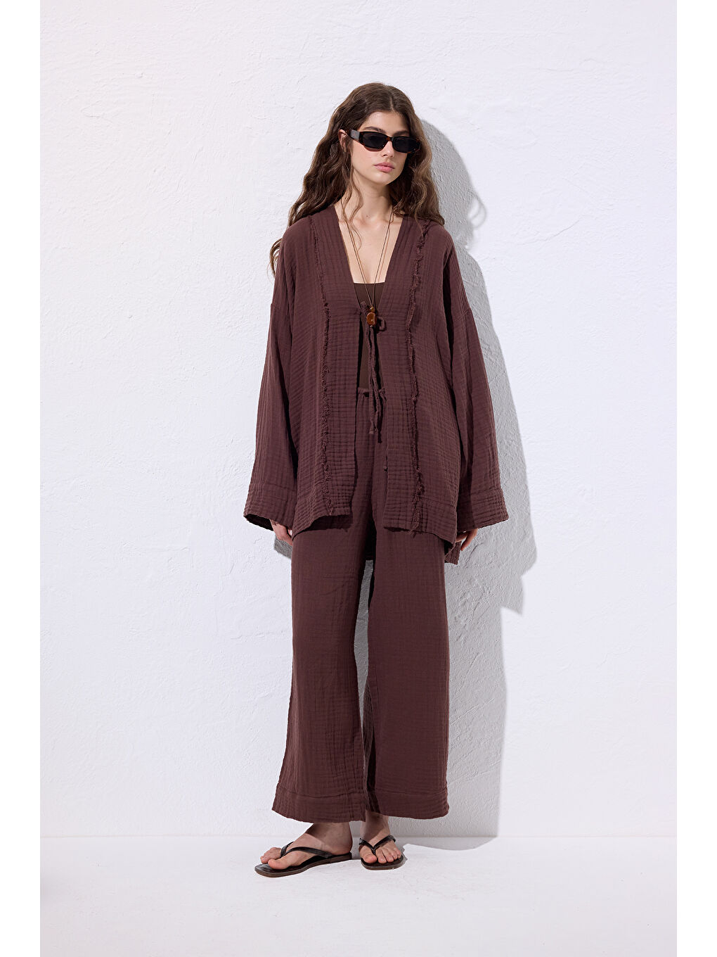 Kahverengi Müslin Geniş Kollu Kimono Acı Kahve-2