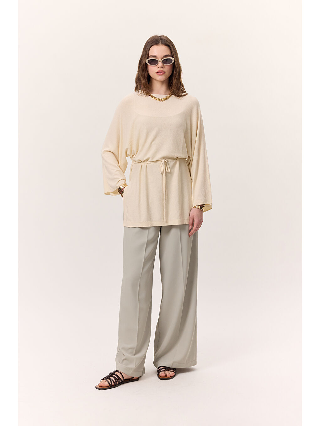 Ekru Triko Kuşaklı Tunik Vanilya-4