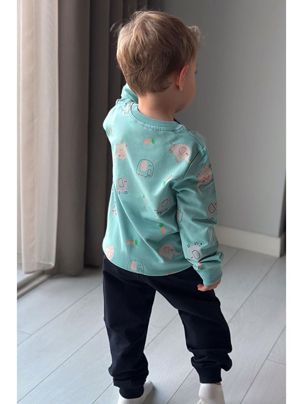 Turkuaz Erkek Çocuk Eşofman Takım Sevimli Fil Desenli Su Yeşili (1-2 Yaş)-1