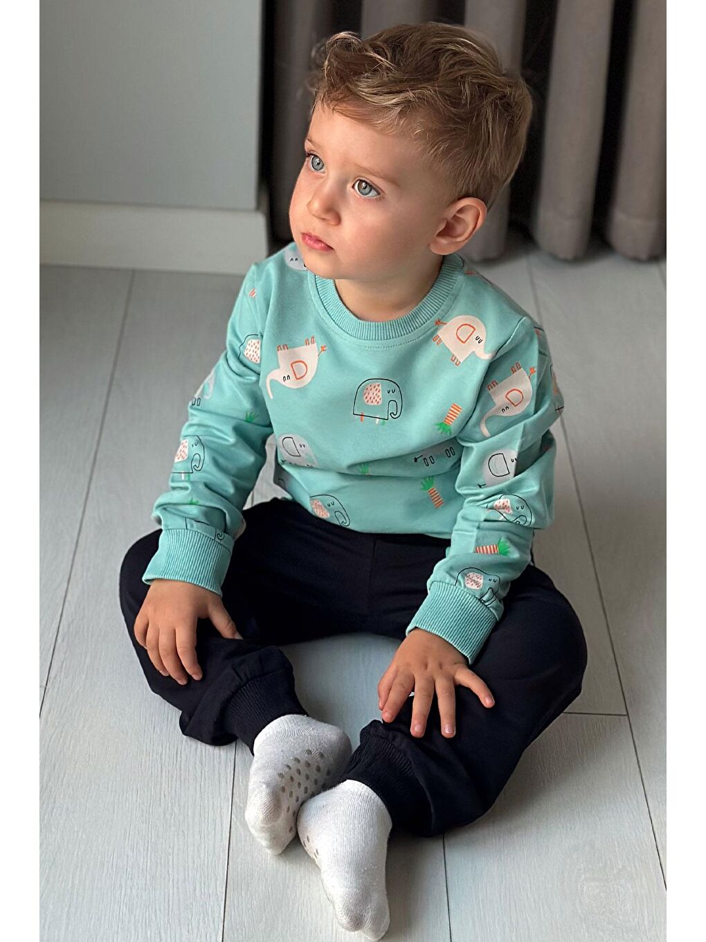 Turkuaz Erkek Çocuk Eşofman Takım Sevimli Fil Desenli Su Yeşili (1-2 Yaş)-2