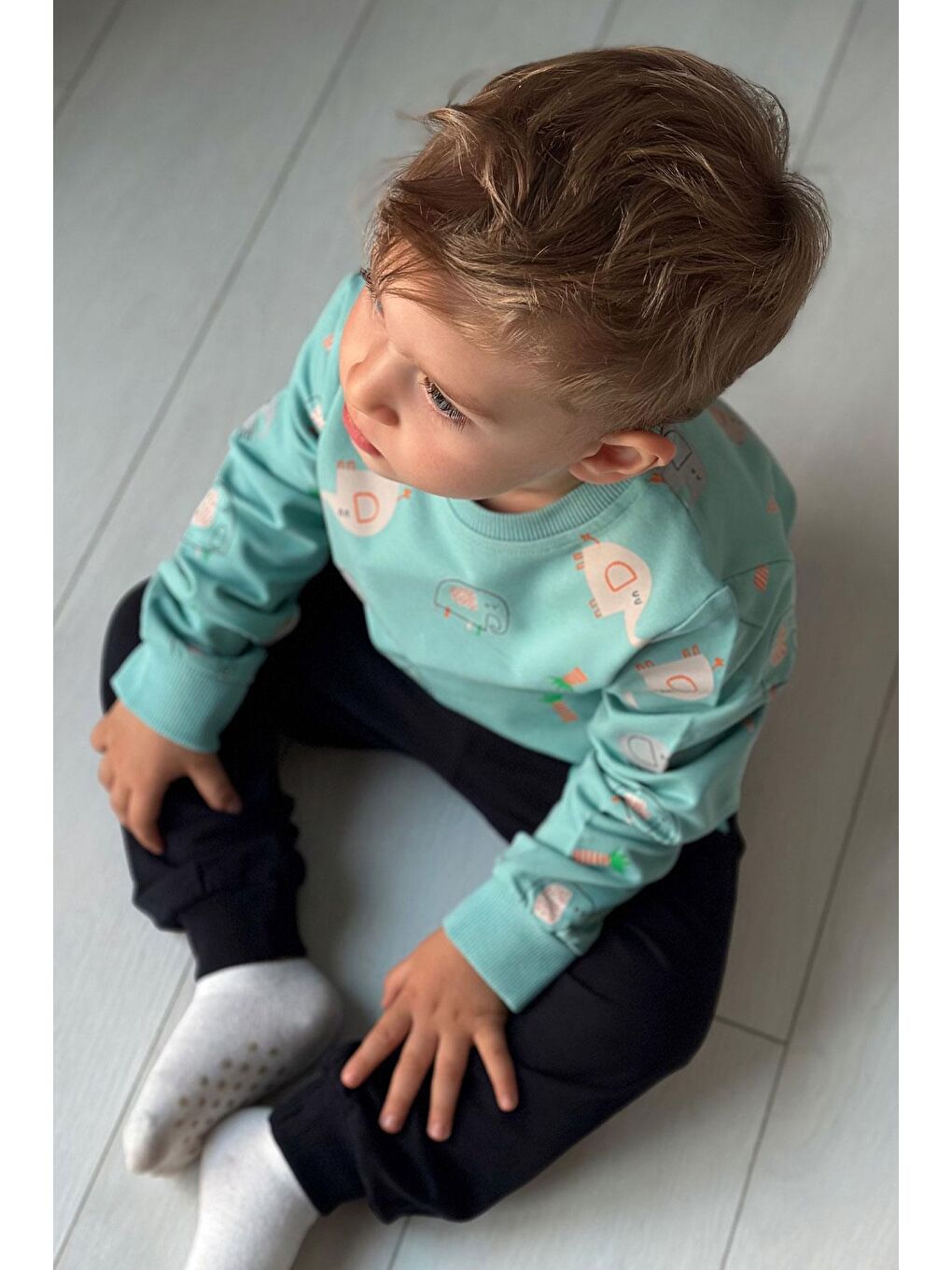 Turkuaz Erkek Çocuk Eşofman Takım Sevimli Fil Desenli Su Yeşili (1-2 Yaş)-3