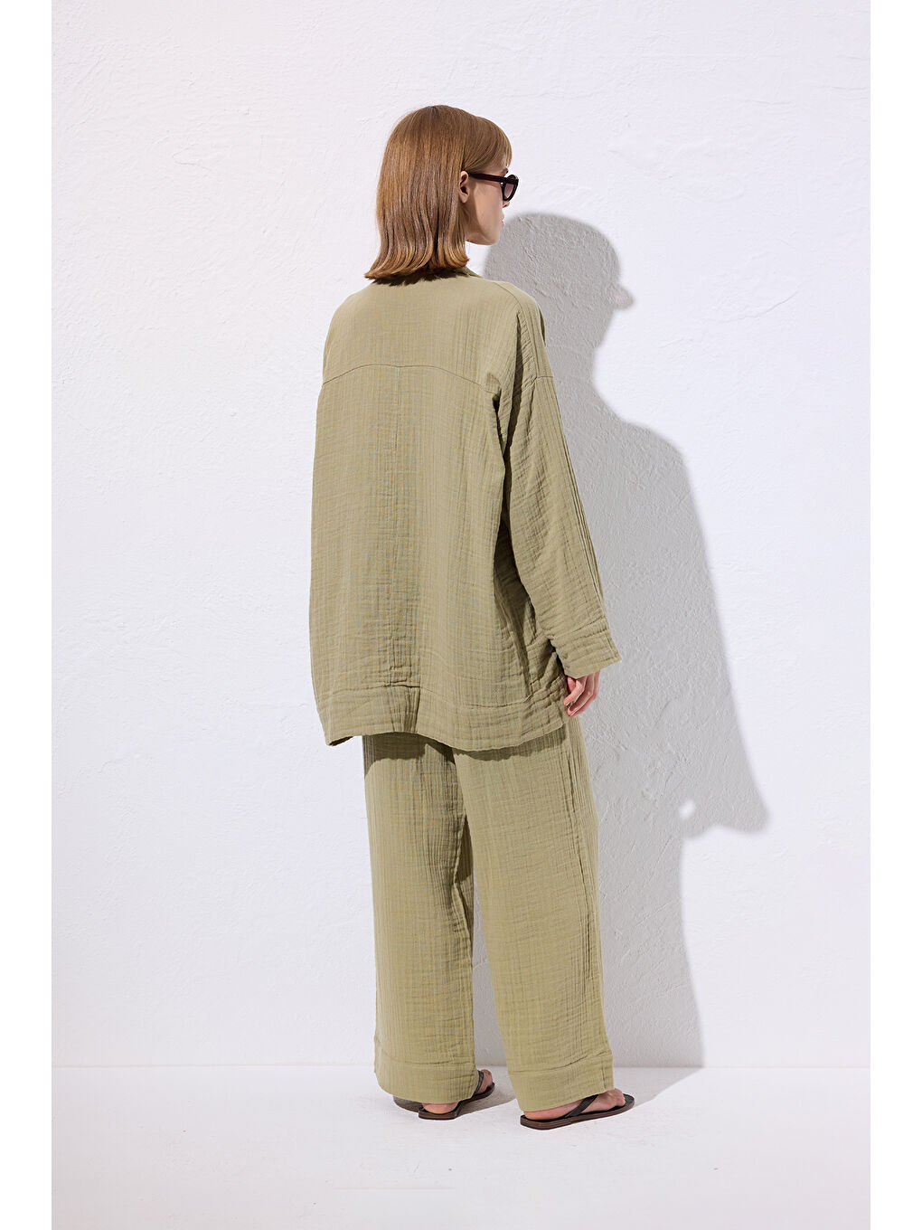 Yeşil Müslin Geniş Kollu Kimono Adaçayı-7