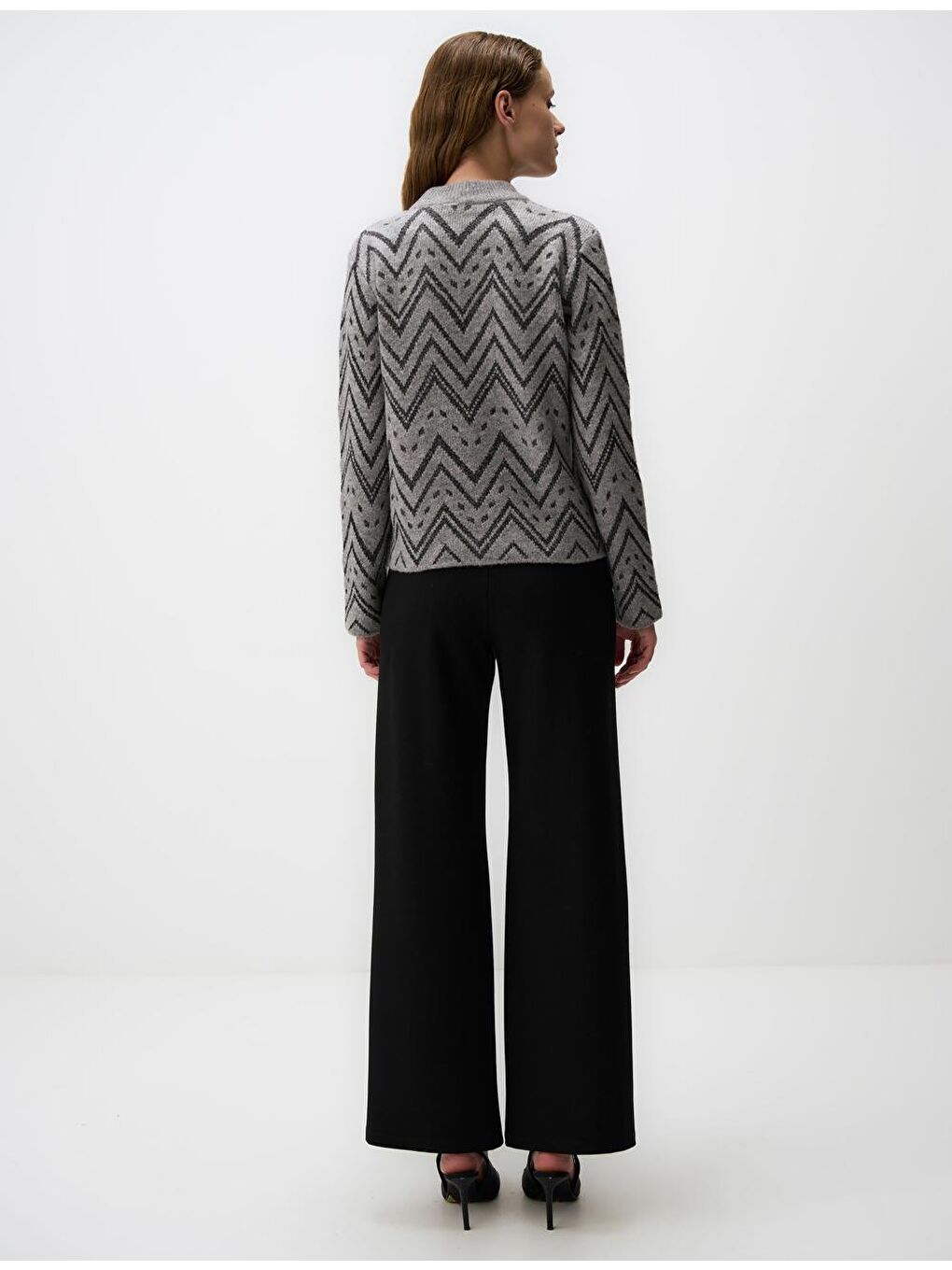 Gri Melanj Uzun Kollu Desenli Kışlık Triko Kazak-5