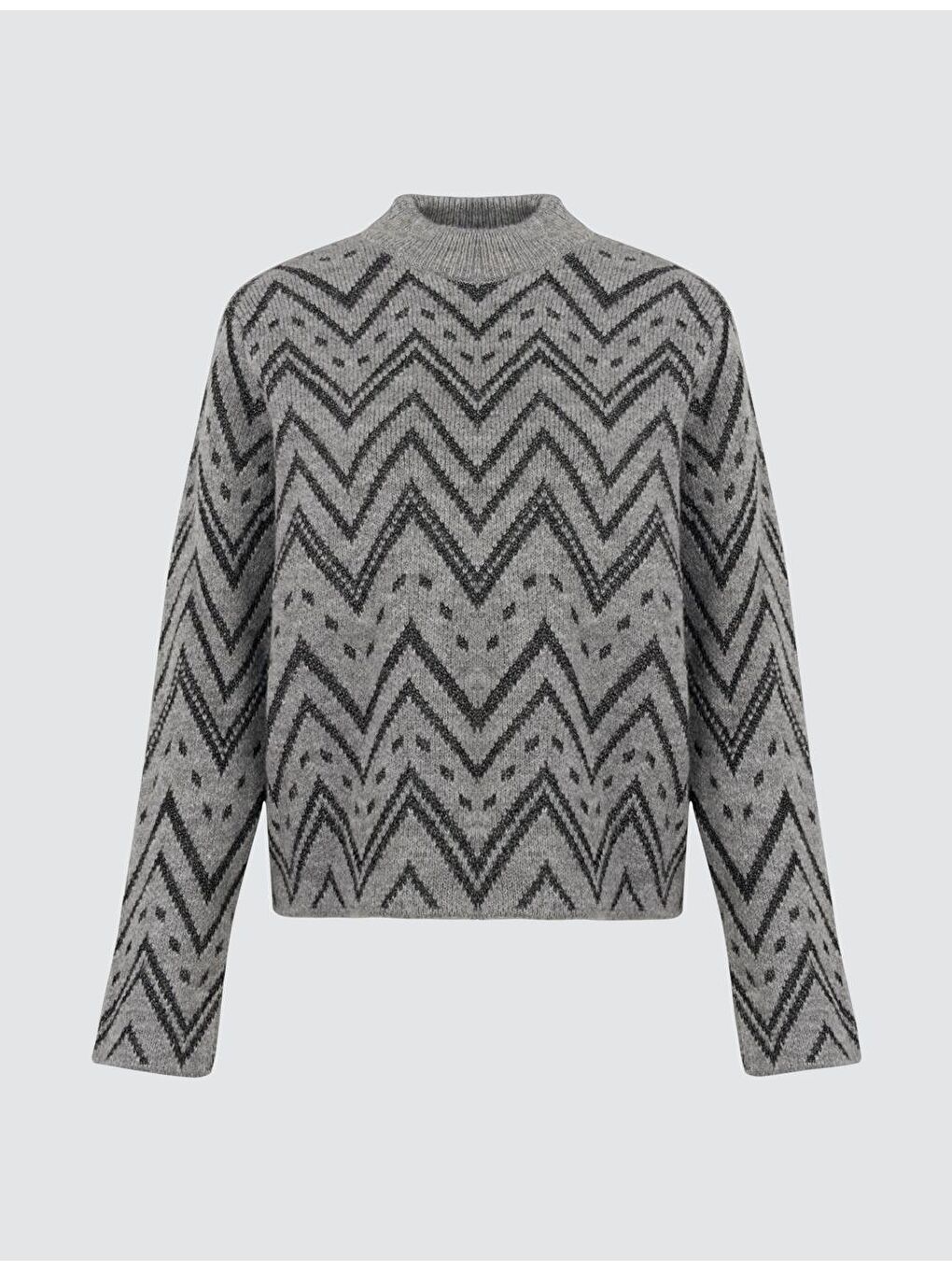 Gri Melanj Uzun Kollu Desenli Kışlık Triko Kazak-6