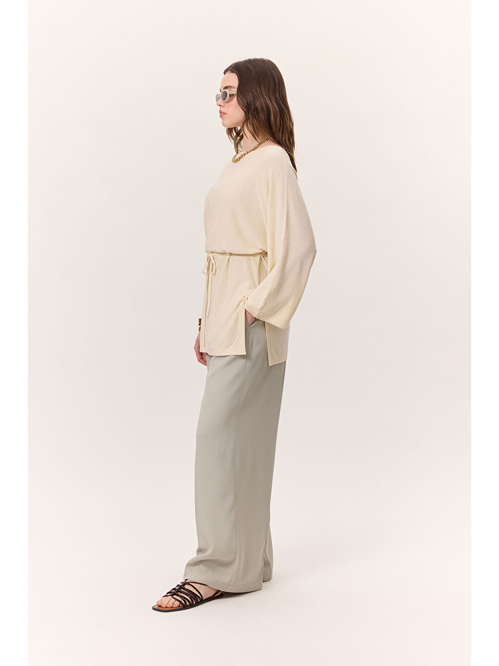 Ekru Triko Kuşaklı Tunik Vanilya-5