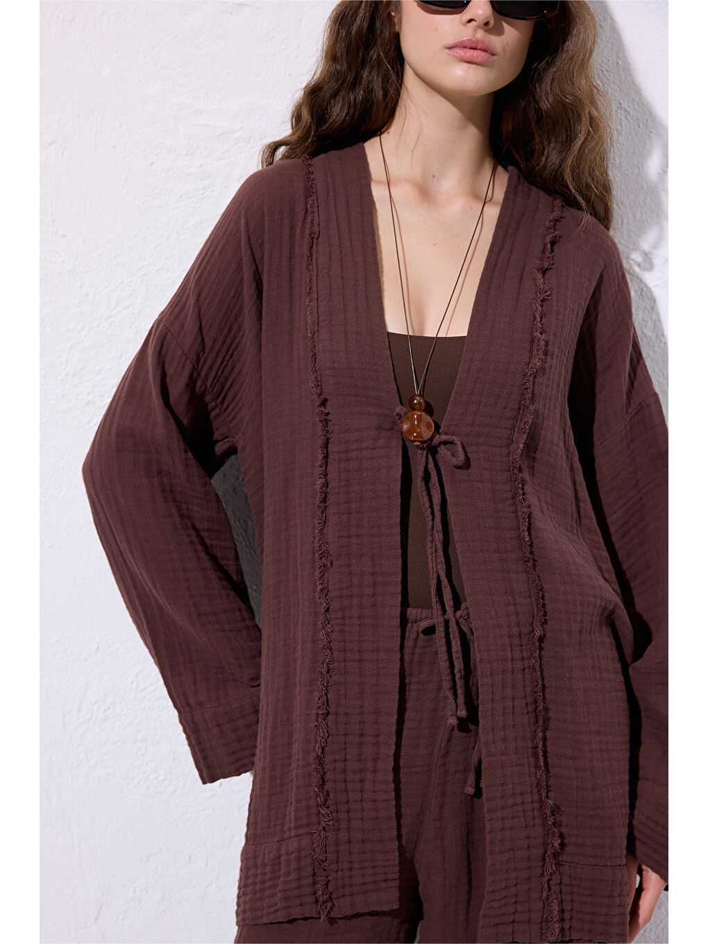 Kahverengi Müslin Geniş Kollu Kimono Acı Kahve-3