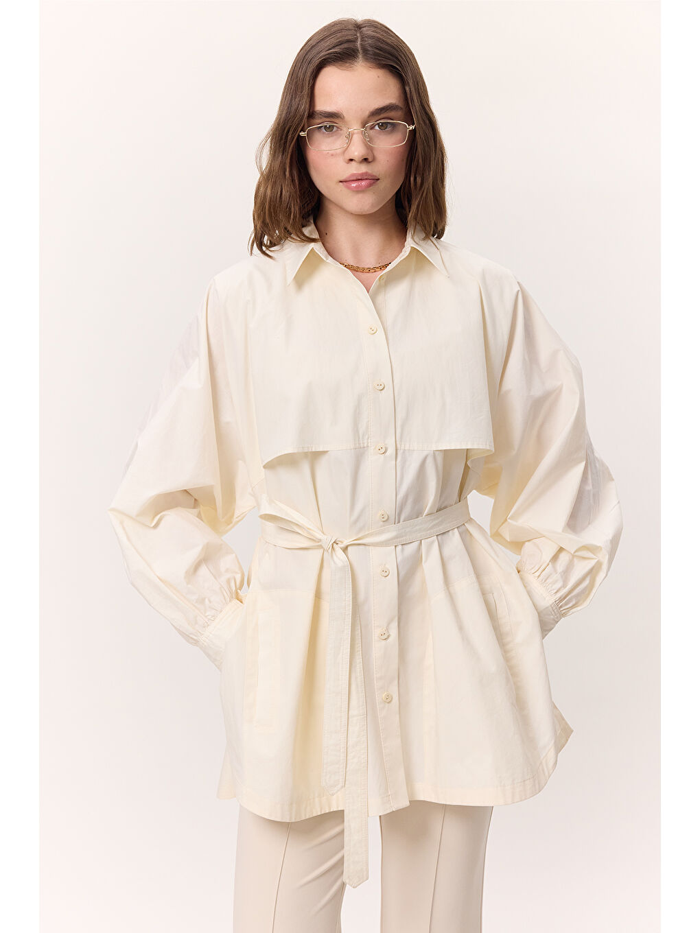 Ekru Trenç Tasarım Gömlek Tereyağı