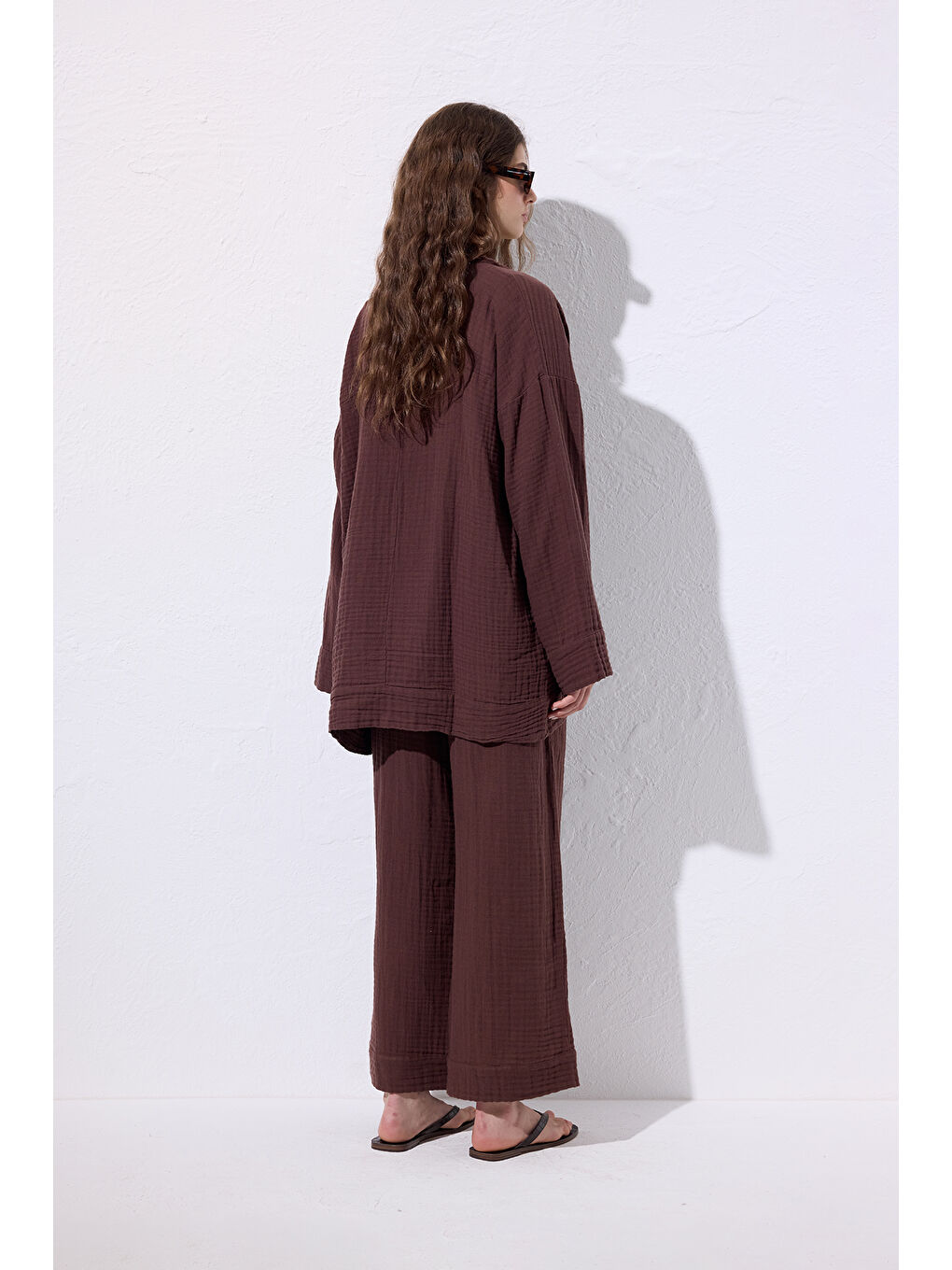 Kahverengi Müslin Geniş Kollu Kimono Acı Kahve-4