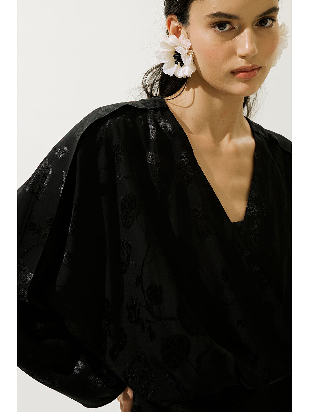 Jakarlı Saten Kimono Siyah-5