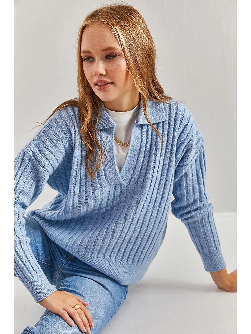 Mavi Kadın Polo Yaka Triko Kazak-1