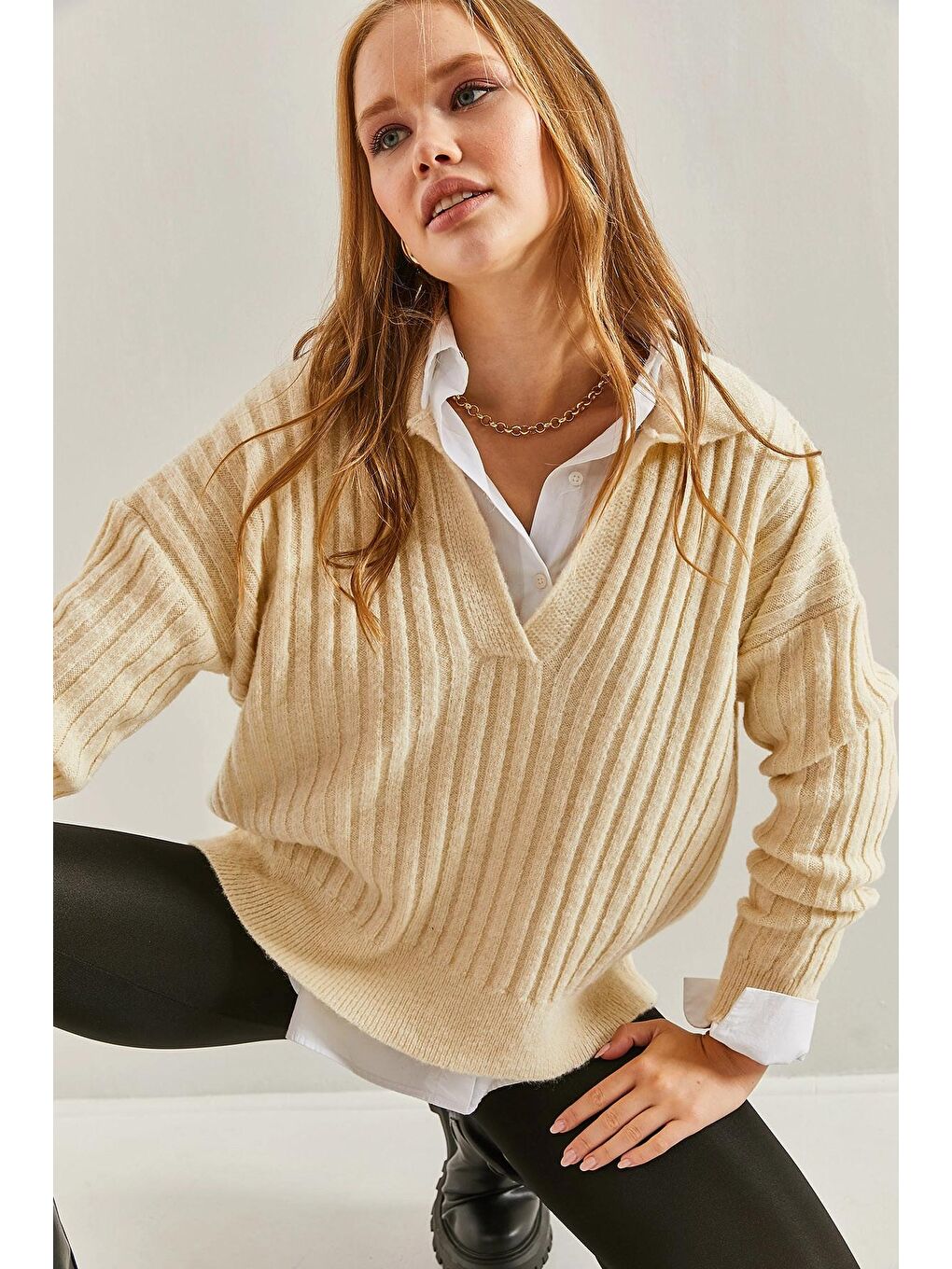 Ekru Kadın Polo Yaka Triko Kazak-1