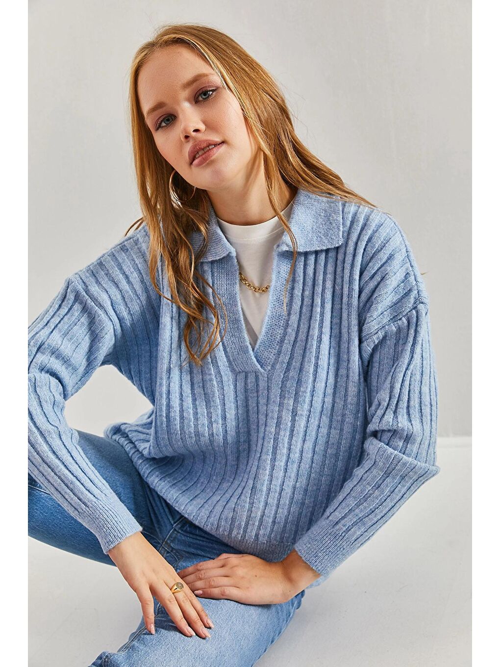 Mavi Kadın Polo Yaka Triko Kazak-2