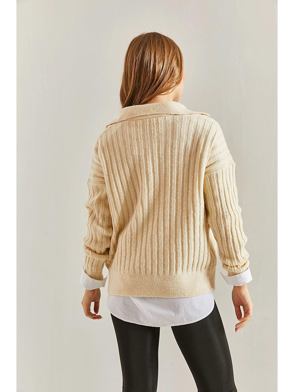 Ekru Kadın Polo Yaka Triko Kazak-2