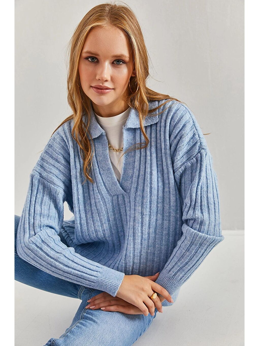 Mavi Kadın Polo Yaka Triko Kazak-3