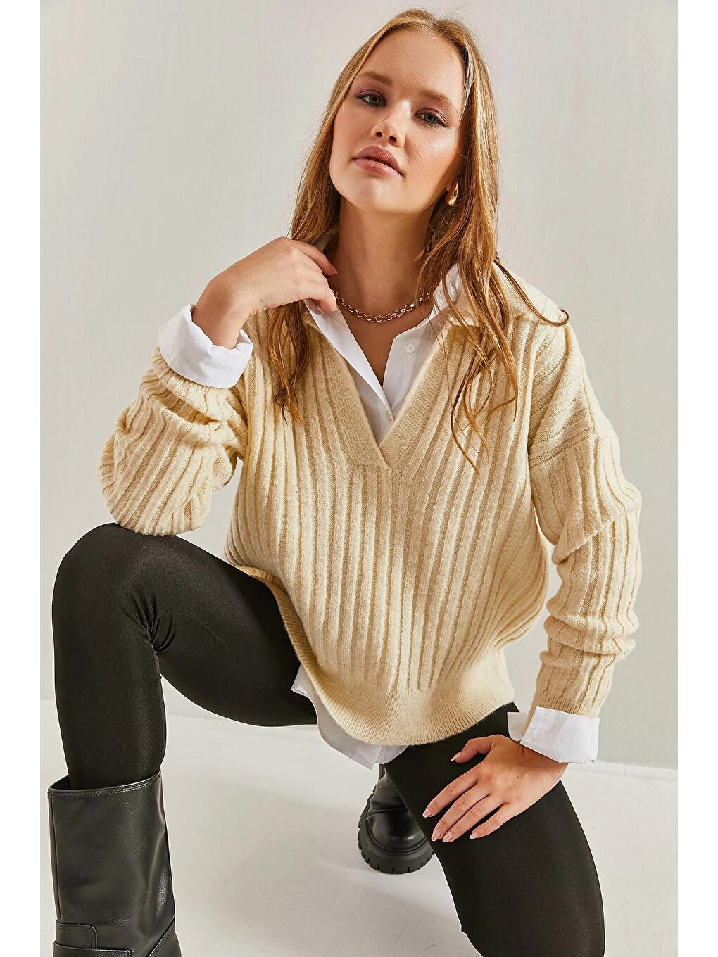 Ekru Kadın Polo Yaka Triko Kazak-3