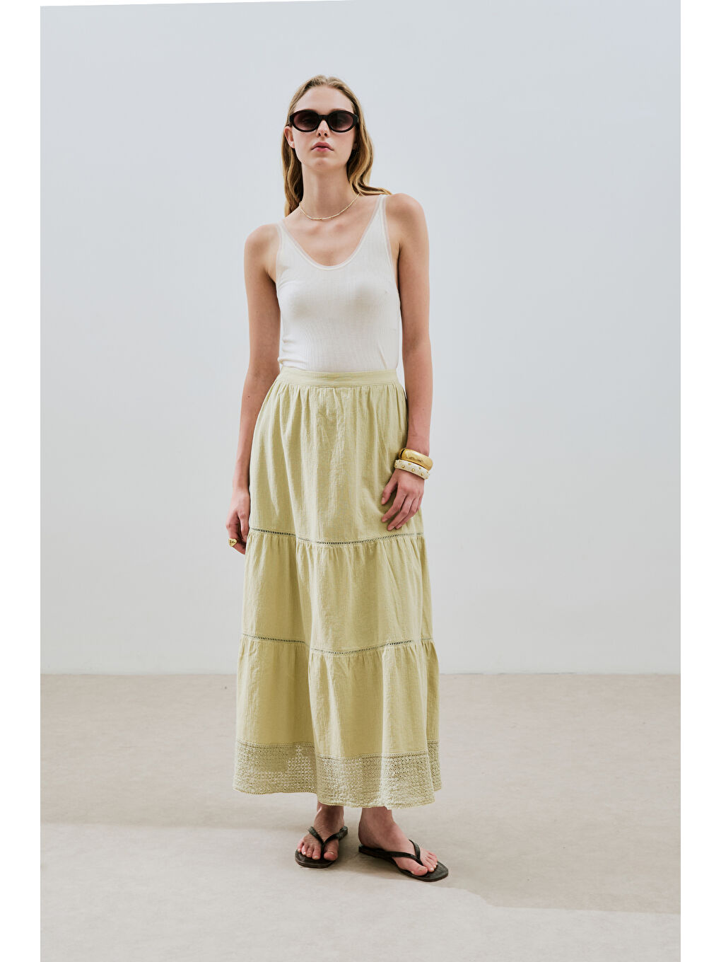 Karışık DOKULU İŞLEMELİ KATLI UZUN ETEK SOFT YEŞİL-3