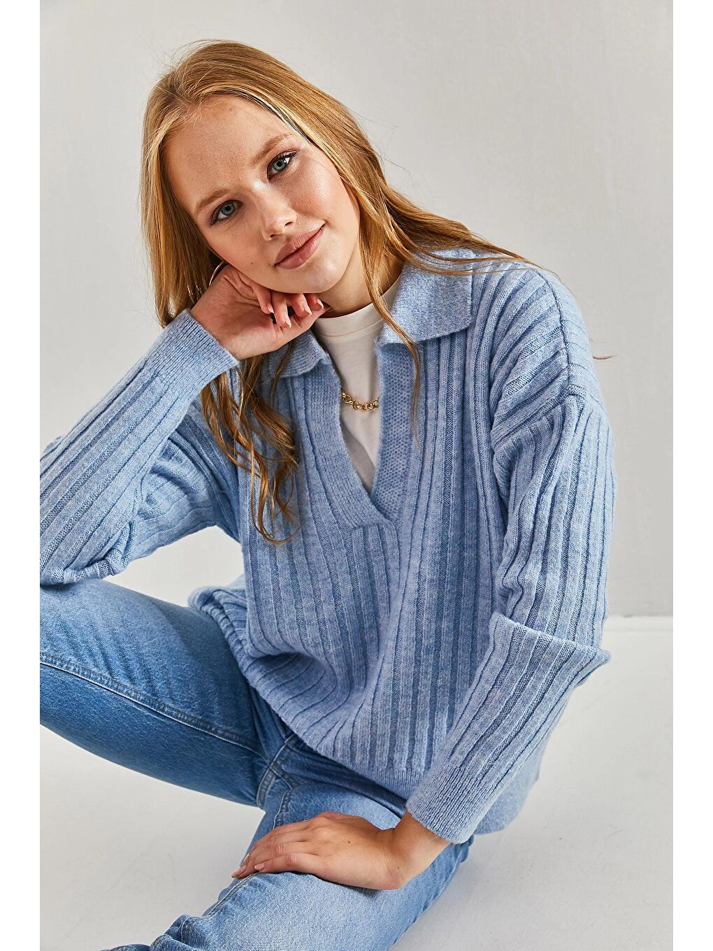 Mavi Kadın Polo Yaka Triko Kazak-4