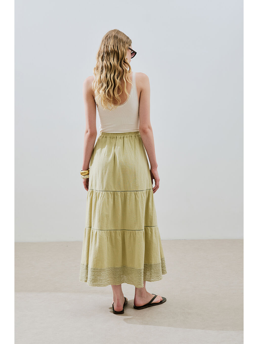 Karışık DOKULU İŞLEMELİ KATLI UZUN ETEK SOFT YEŞİL-5