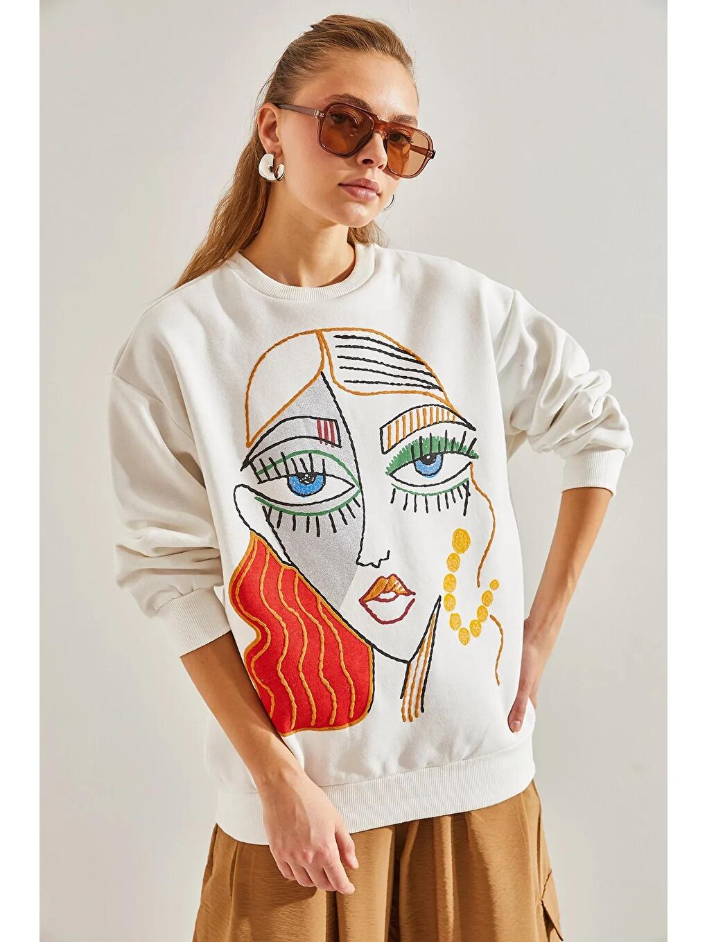 SHADE Beyaz Kadın Oversize Üç İplik Şardonlu Baskılı Sweatshirt - 2