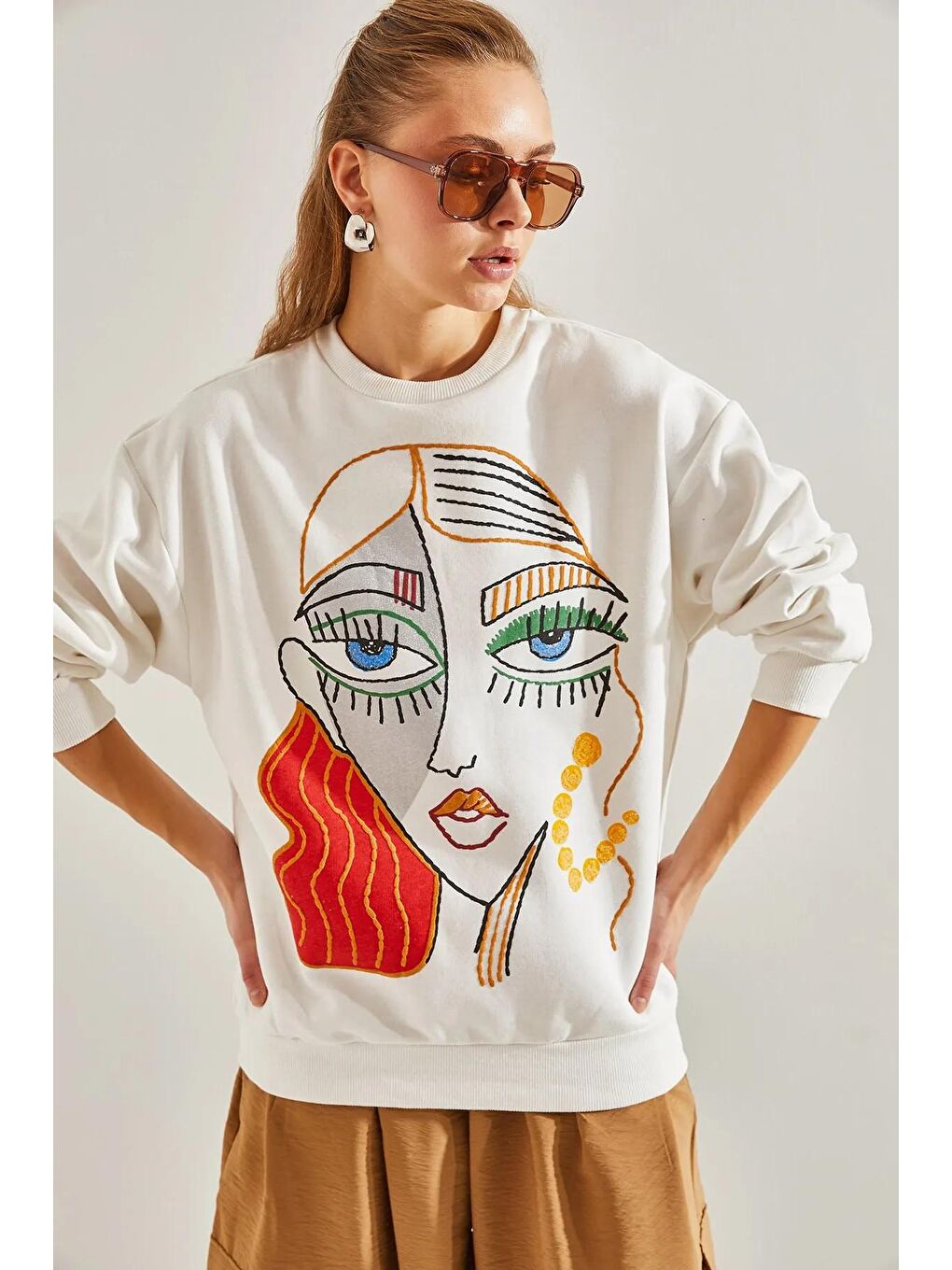 SHADE Beyaz Kadın Oversize Üç İplik Şardonlu Baskılı Sweatshirt - 3