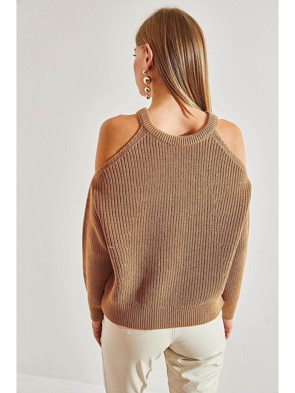 Bej Kadın Omuz Dekolteli Triko Kazak-2