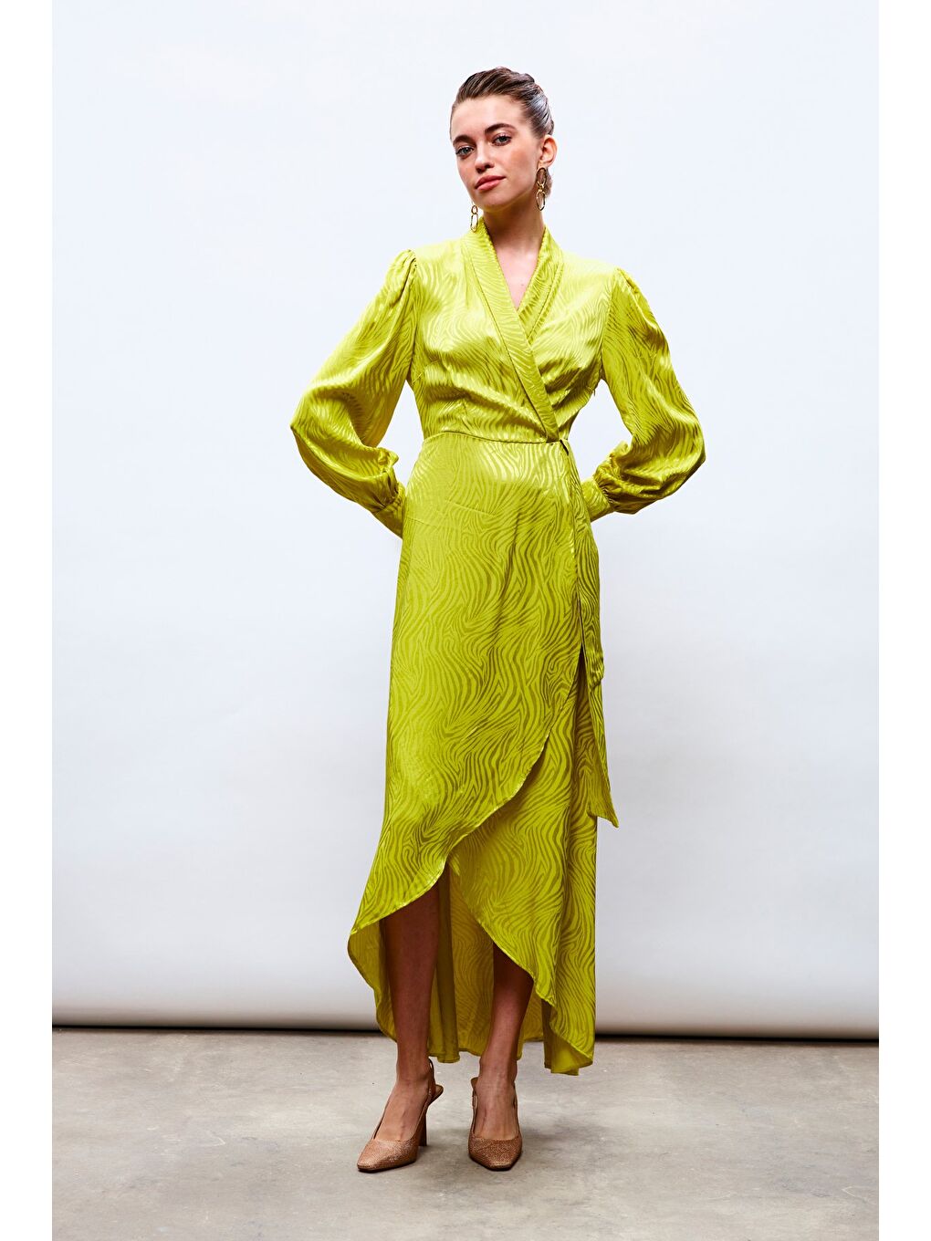 Kruvaze Desenli Uzun Elbise - Yağ Yeşili