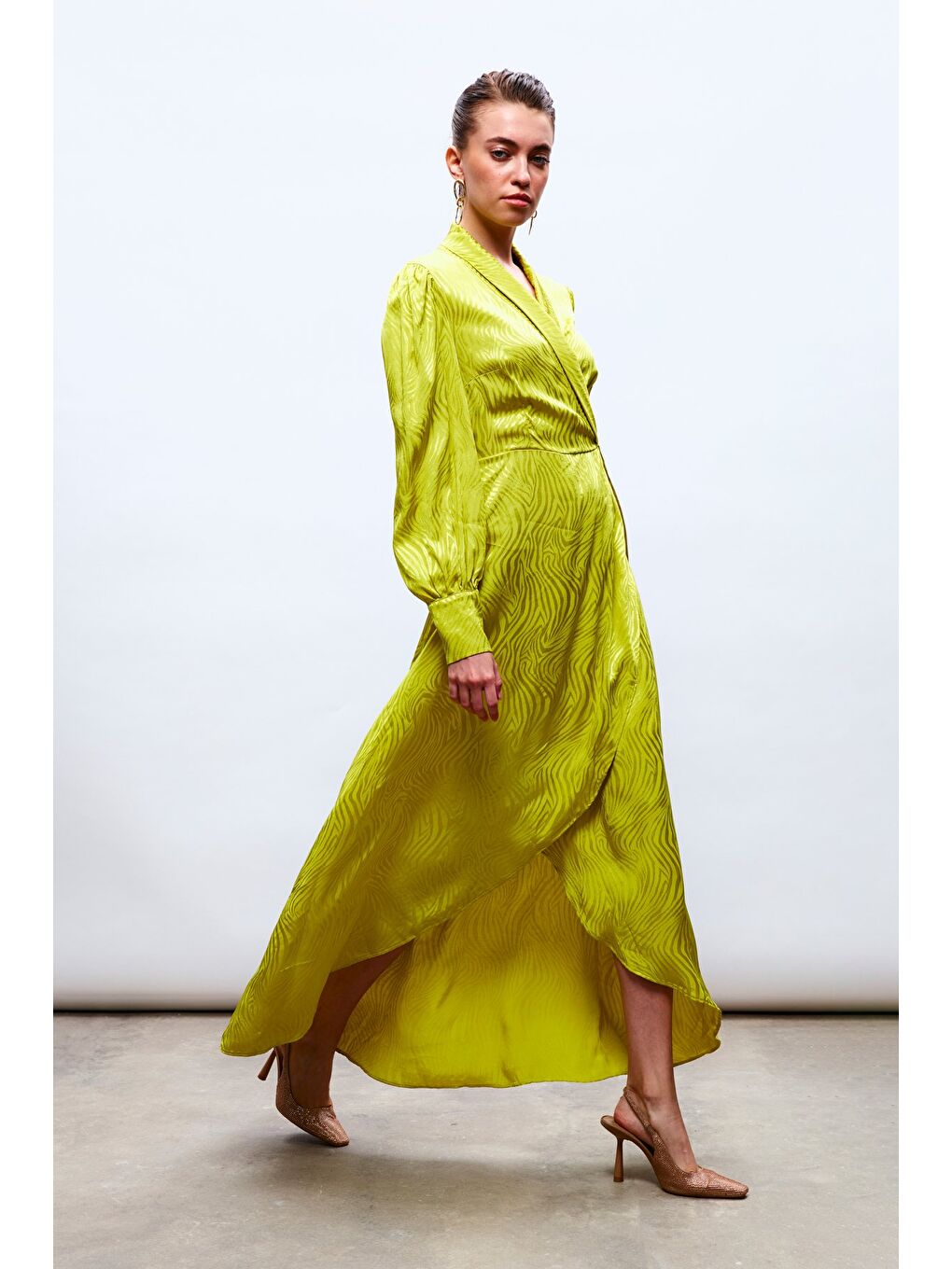 Kruvaze Desenli Uzun Elbise - Yağ Yeşili-1