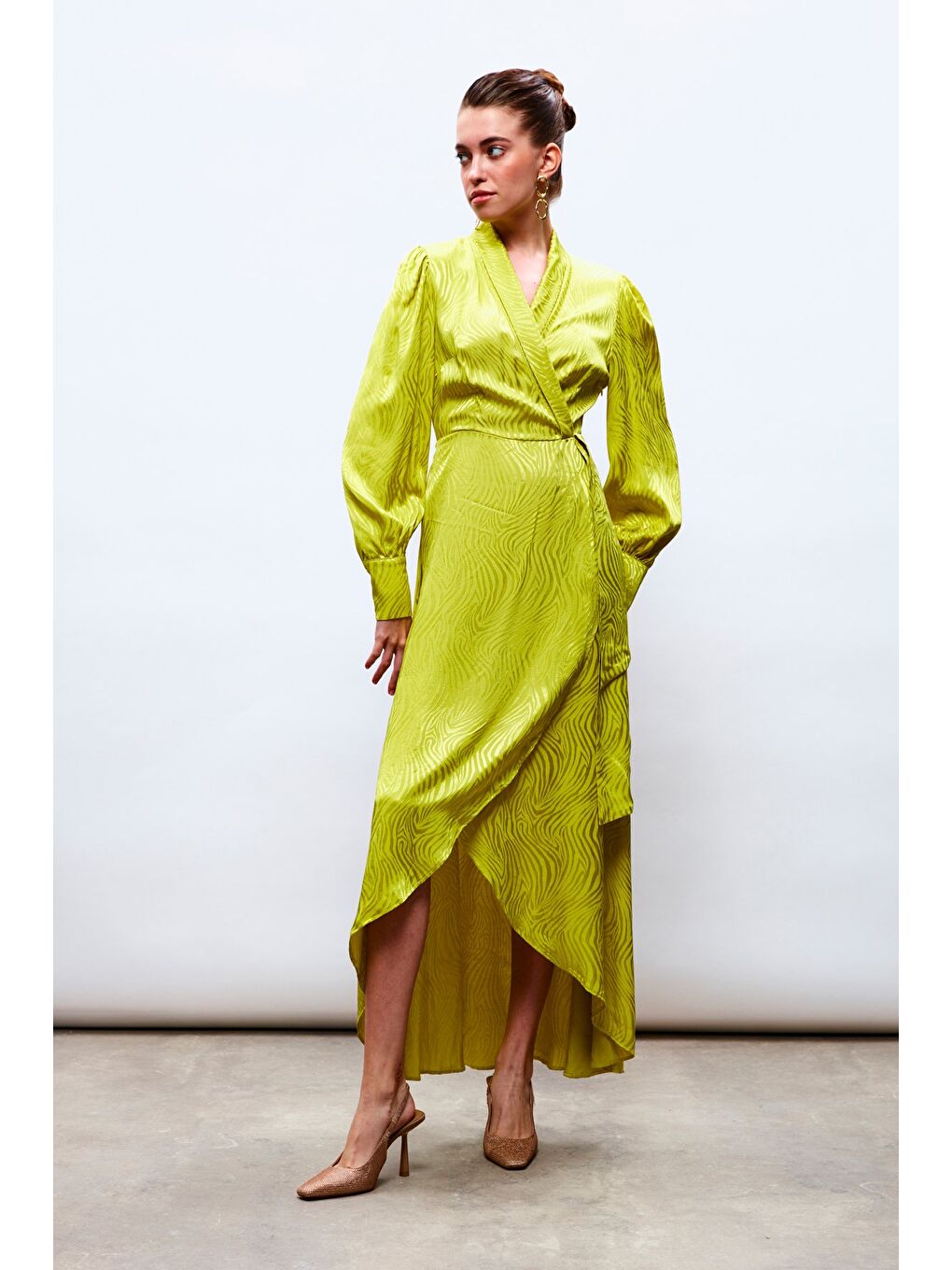 Kruvaze Desenli Uzun Elbise - Yağ Yeşili-2