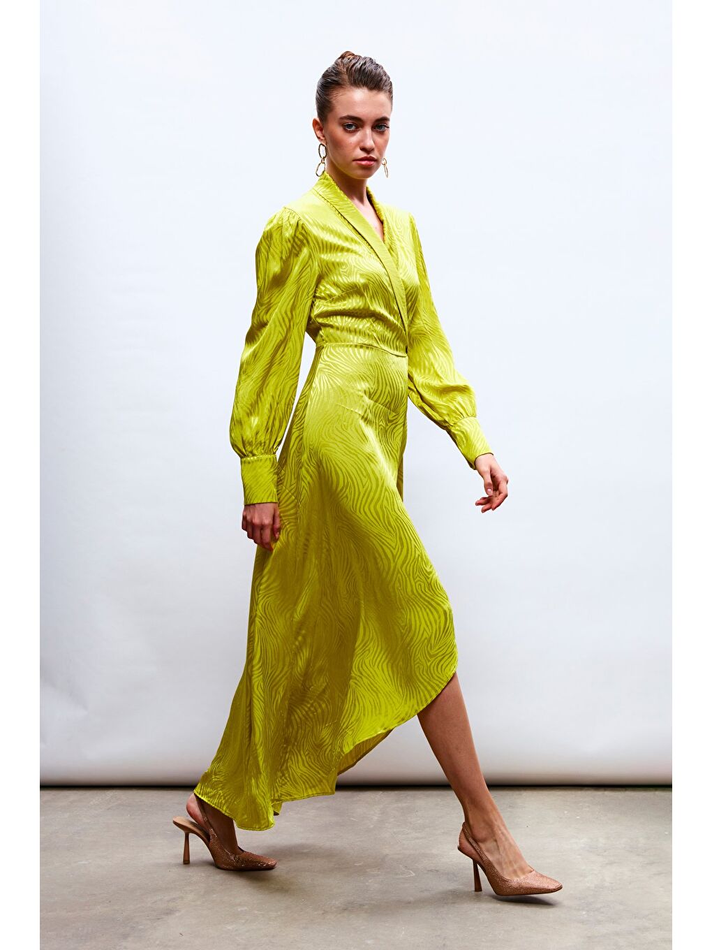 Kruvaze Desenli Uzun Elbise - Yağ Yeşili-3