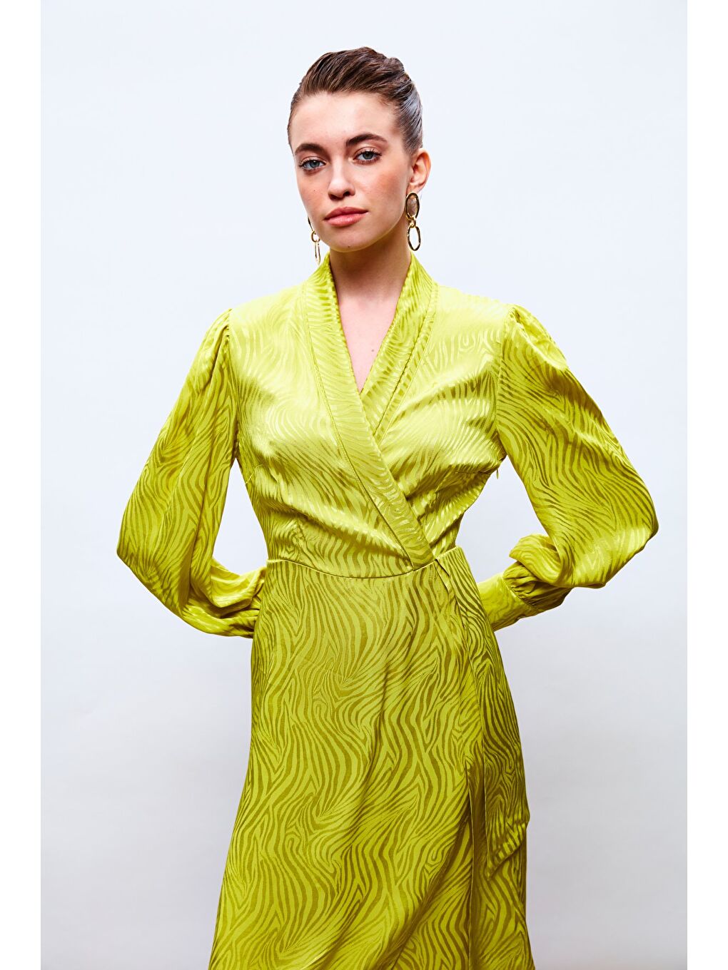 Kruvaze Desenli Uzun Elbise - Yağ Yeşili-4