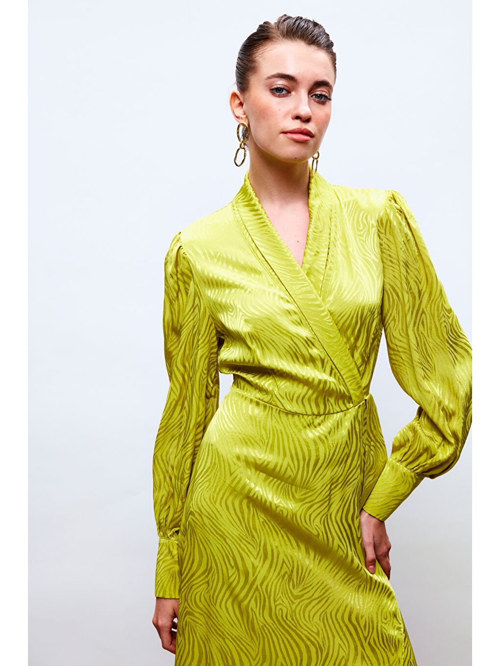 Kruvaze Desenli Uzun Elbise - Yağ Yeşili-5