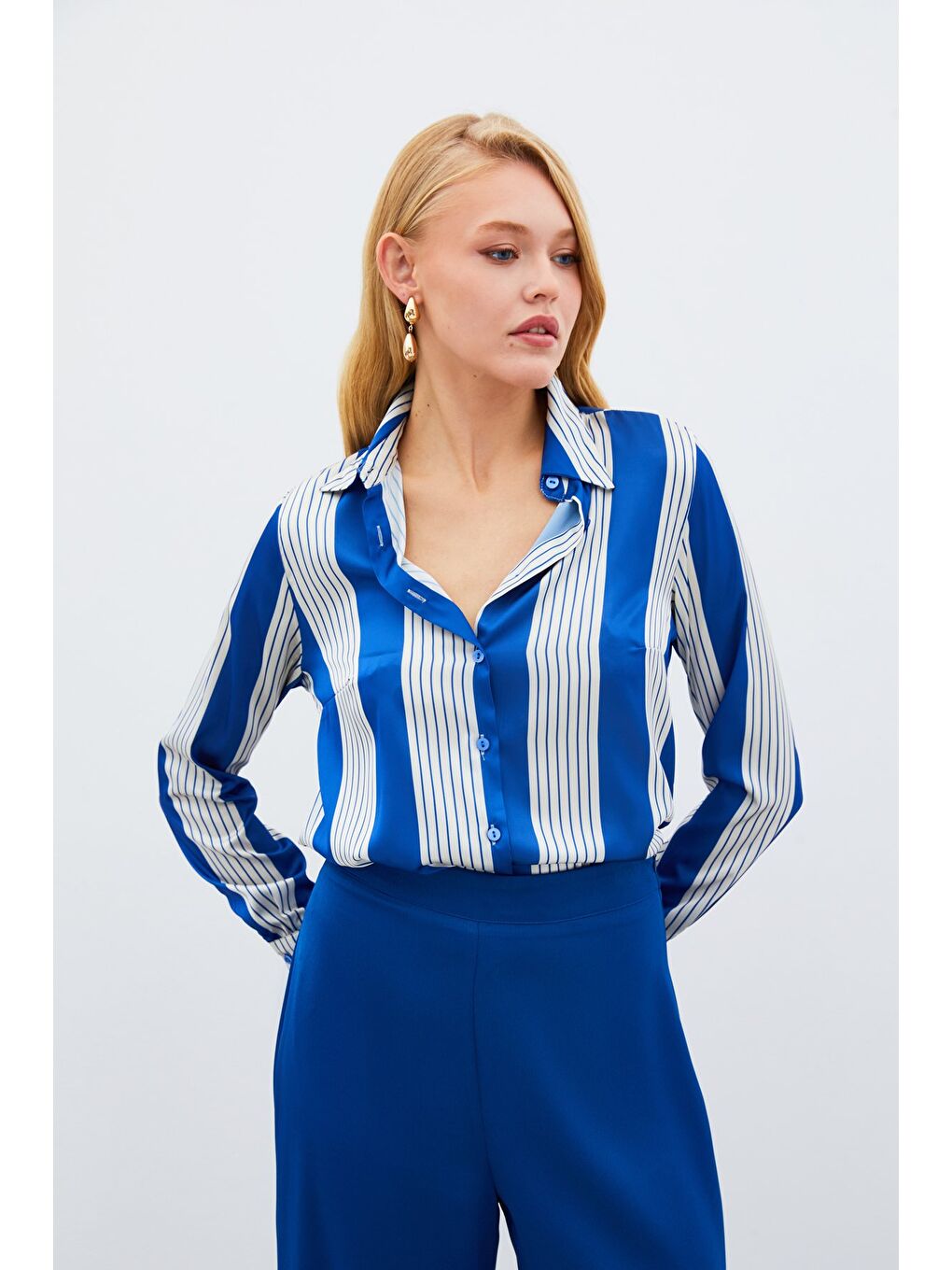 Çizgi Desenli Gömlek - Sax Mavi-2