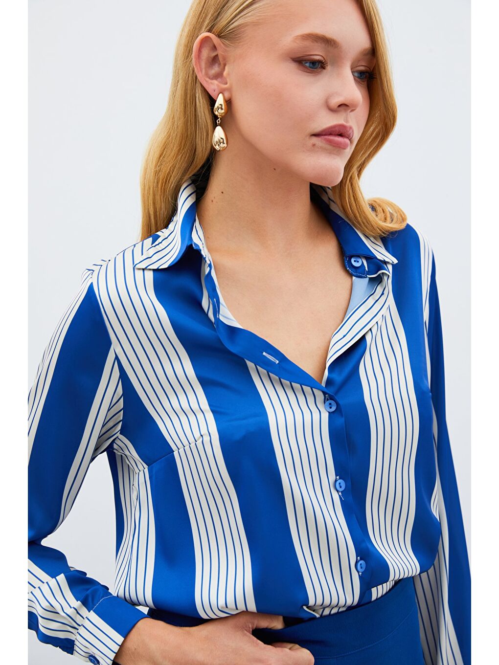 Çizgi Desenli Gömlek - Sax Mavi-3