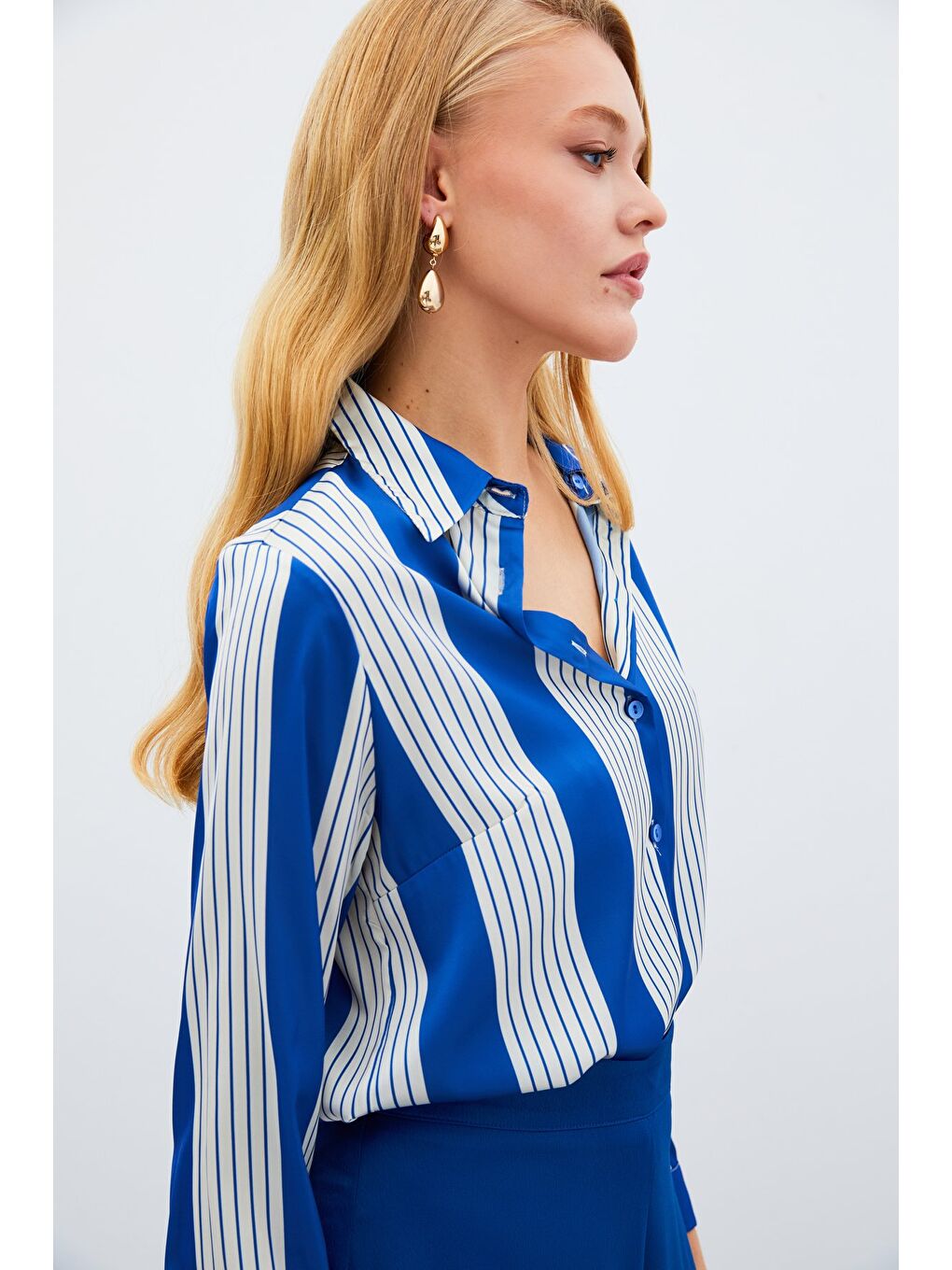 Çizgi Desenli Gömlek - Sax Mavi-4
