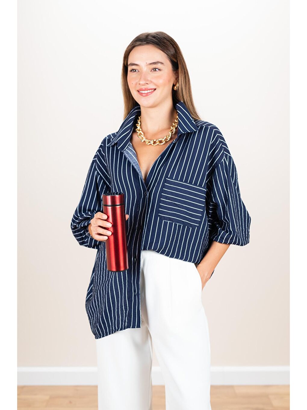 Kadın Lacivert Çizgili Oversize Salaş Gömlek-4