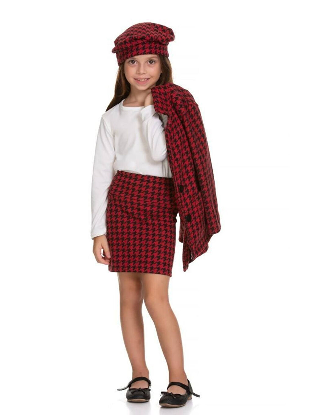 Kırmızı 4 Parça Etekli Kaz Ayağı Kız Çocuk Takım