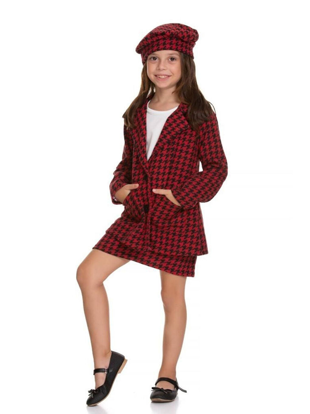 Kırmızı 4 Parça Etekli Kaz Ayağı Kız Çocuk Takım-1