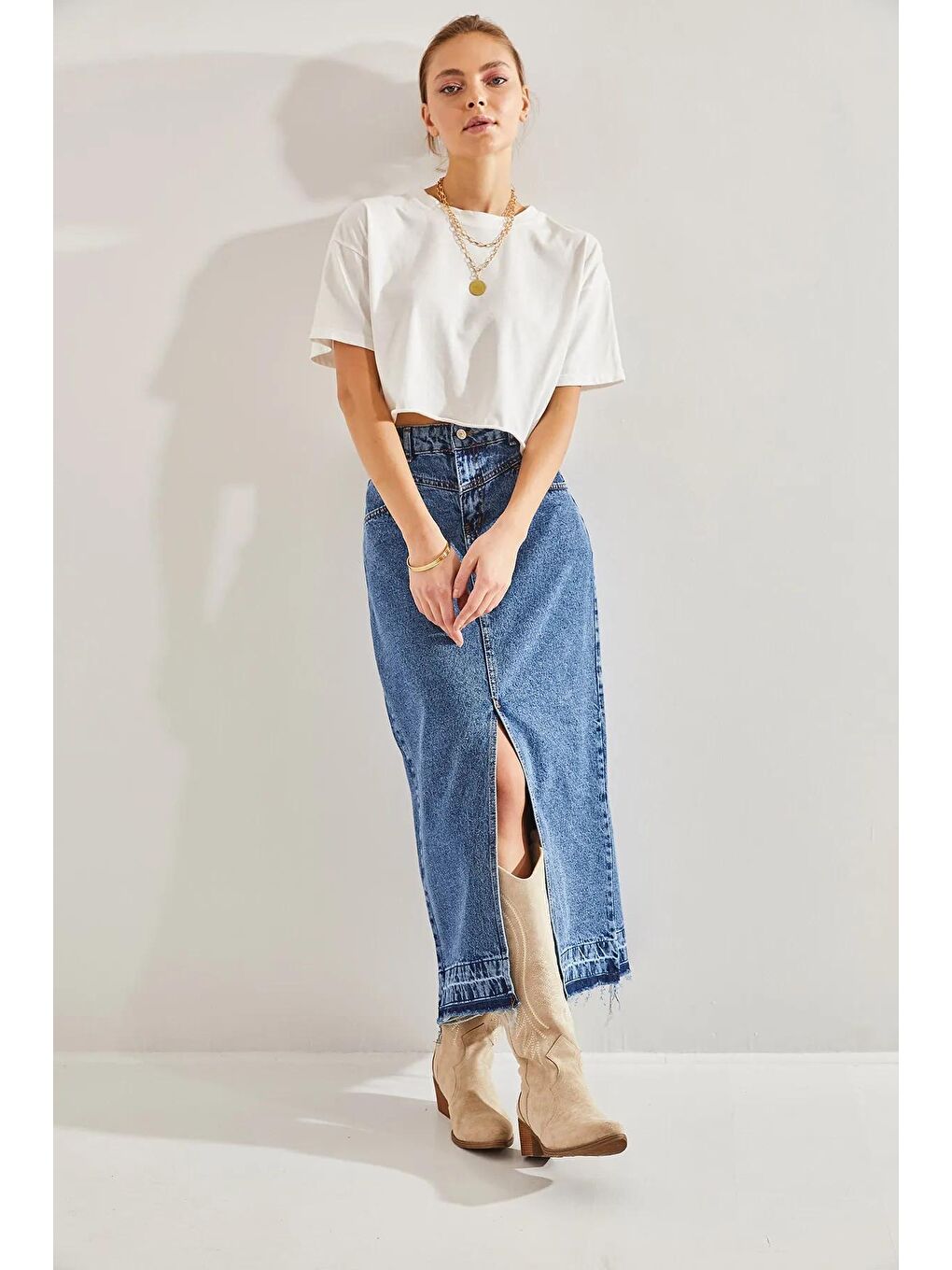 Mavi Kadın Paçası Püsküllü Yırtmaçlı Etek-3