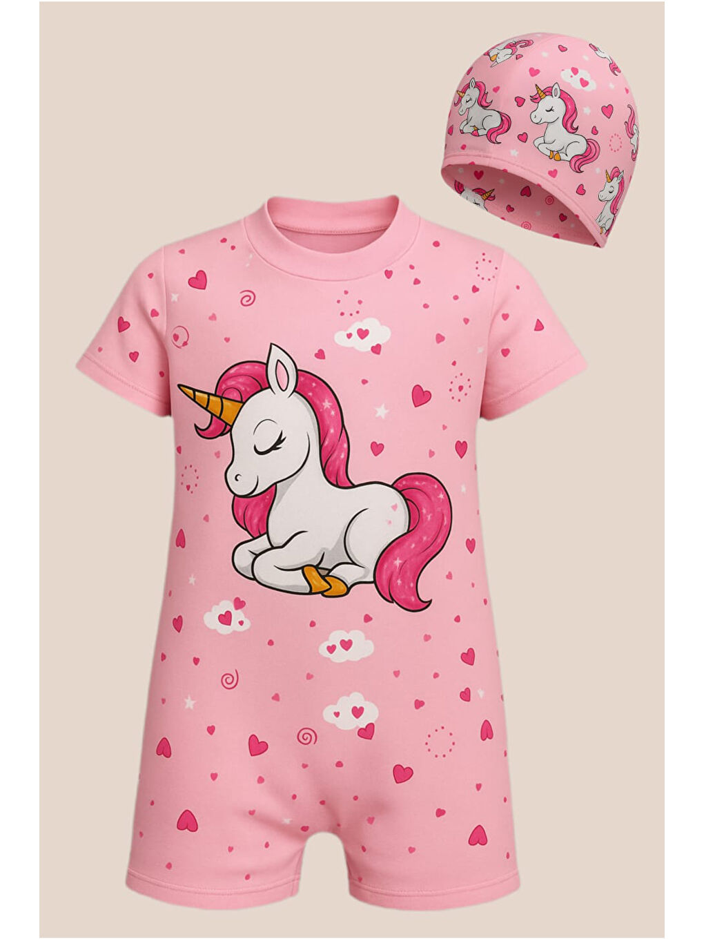 Pembe Kız Çocuk Tam Vücut Sırt Fermuarlı Mayo Sevimli Desen Baskılı Boneli Takım