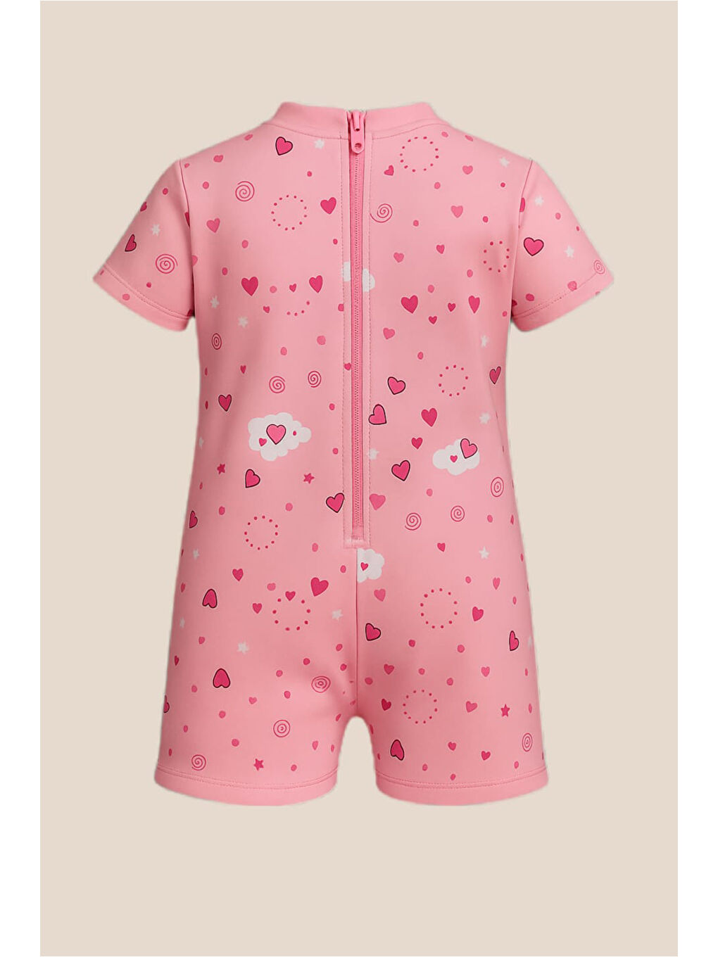 Pembe Kız Çocuk Tam Vücut Sırt Fermuarlı Mayo Sevimli Desen Baskılı Boneli Takım-1