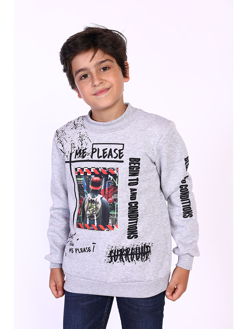 Gri Erkek Çocuk Balıkçı Yaka İçi Pamuklu Sweatshirt