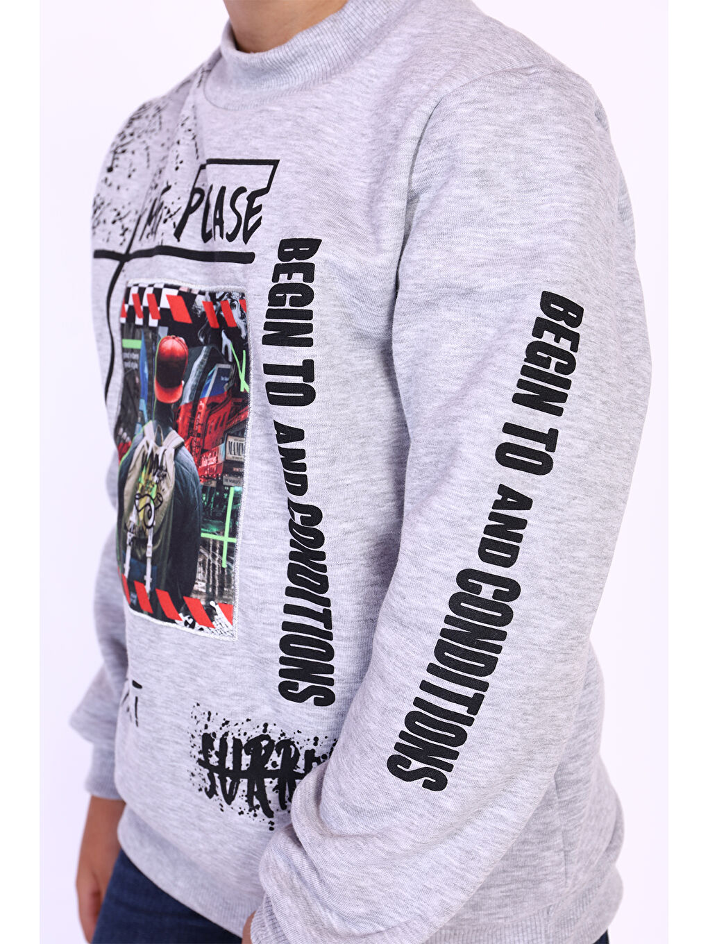 Gri Erkek Çocuk Balıkçı Yaka İçi Pamuklu Sweatshirt-1